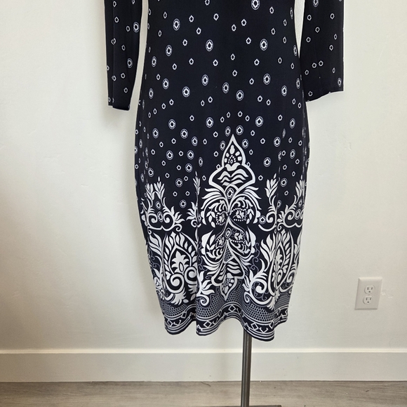 Navy Blue Batik Print Midi Dress Paisley Classic Modest Church School Teacher 6 - Picture 2 of 13